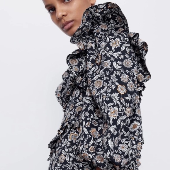 ZARA Black White Printed Floral Ruffle Mini Dress Size Small - Picture 15 of 16